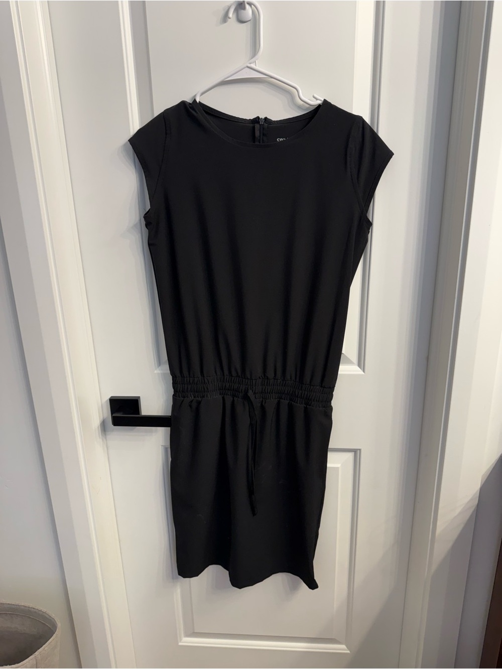 Albion Black Drawstring Waist Cap-Sleeve Dress